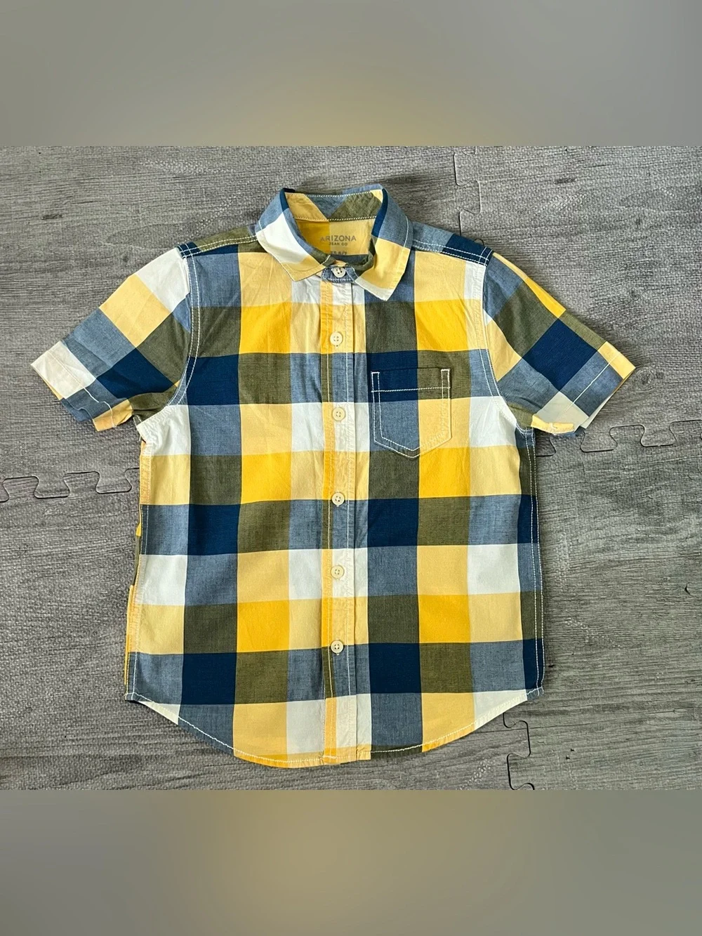Arizona Jean Co Boys XS 6/7 Yellow Blue White Plaid Collared Button-Up Pockets
